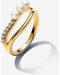 PANDORA - Treated Freshwater Cultured Pearl & Organically Shaped Double Band Ring - Lyst