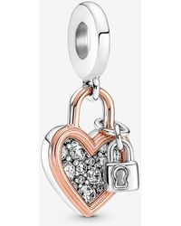 PANDORA - Heart Padlock Double Dangle Charm - Lyst