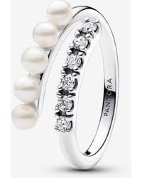 PANDORA - Treated Freshwater Cultured Pearls & Pavé Open Ring - Lyst