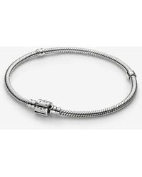 PANDORA - Moments Platinum-Plated Mini Barrel Clasp Snake Chain Bracelet - Lyst