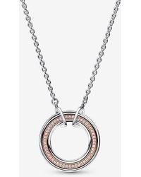 PANDORA - Signature Two Tone Logo & Pavé Necklace - Lyst