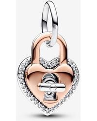 PANDORA - Two-Tone Twistable Heart Padlock Double Dangle Charm - Lyst