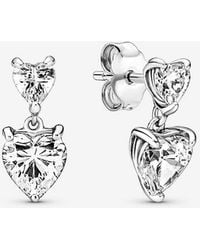 PANDORA - Double Heart Sparkling Stud Earrings - Lyst