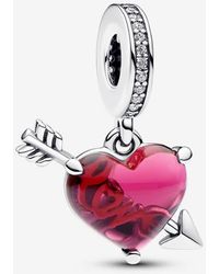 PANDORA - Moments Heart And Arrow Sterling Silver Dangle With Clear Cubic Zirconia And Red Murano Glass - Lyst