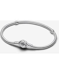 PANDORA - Moments Rose In Bloom Clasp Snake Chain Bracelet - Lyst