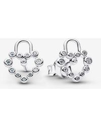PANDORA - Sparkling Heart Padlock Stud Earrings - Lyst