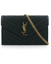 Saint Laurent Monogramme Envelope Quilted Chain Wallet Dark Mint/gold - Multicolour