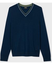 PS by Paul Smith - Navy Merino Wool-blend Contrast V-neck Sweater Blue - Lyst