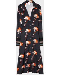 Paul Smith - Black 'shadow Floral' Midi Length Shirt Dress Orange - Lyst