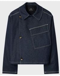 Paul Smith - Denim Cotton-Blend Cropped Asymmetric Jacket With Topstitching - Lyst