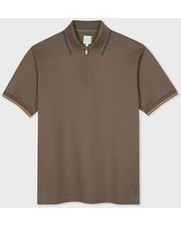 Paul Smith - Taupe Cotton 'signature Stripe' Trim Zip Polo Shirt White - Lyst