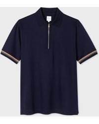 Paul Smith - Navy Cotton 'signature Stripe' Trim Zip Polo Shirt Blue - Lyst