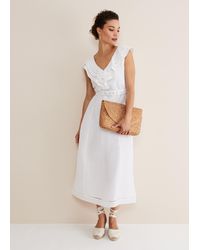 Phase Eight - 's Julieta White Linen Ruffle Broderie Midi Dress - Lyst