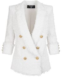 Balmain Double-breasted Blazer In White Tweed With Gold Embossed Buttons