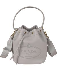 Prada Logo Drawstring Bucket Bag - Gray