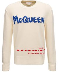 Alexander McQueen Ivory Colored Cotton Sweater With Logo - Multicolor