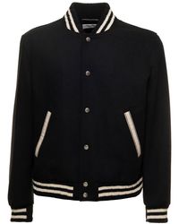 Saint Laurent - Teddy Signature Black Varsity Jacket With Striped Trim In Wool Blend Man - Lyst