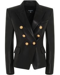 Balmain Logo Button Leather Blazer Jacket - Black