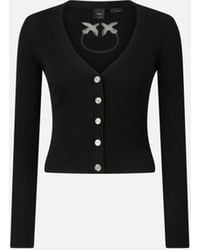 Pinko - Ribbed Fitted Cardigan With Logo Inlay, Limo - Lyst