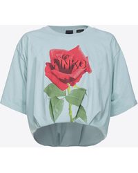 Pinko - Cropped-T-Shirt Mit Rosen-Print, Blau-Silber - Lyst