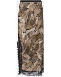 Pinko - Camouflage Midi Skirt With Lace And Slit - Lyst
