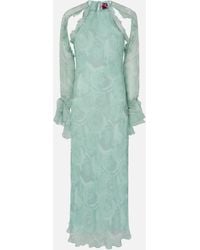 Pinko - Silk Midi Dress With Rose Print And Open Shoulders - Lyst
