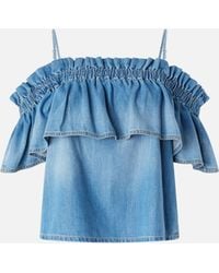 Pinko - Denim Top With Ruffle And Open Shoulders - Lyst