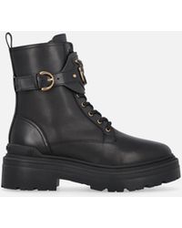 Pinko - Leather Combat Boots With Branded Front Strap - Lyst