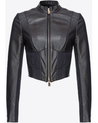 Pinko - Short Leather And Fabric Biker Jacket - Lyst