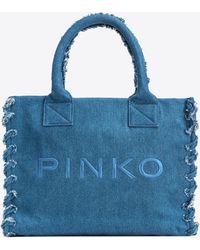 Pinko - Beach Shopper Aus Recyceltem Denim, Denim Blau-Antikgold - Lyst