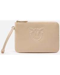 Pinko - Clutch Fürs Handgelenk Aus Leder Mit Vogel-Logo, -Rauchgrau-Antikgold - Lyst