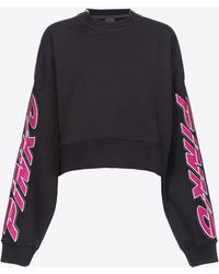 Pinko - Crop-Sweatshirt Mit Strassbesetztem Print, Schwarz/Fuchsia - Lyst