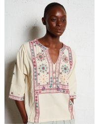 MAISON HOTEL - Blouse Col V Brodé En Coton Femme - Lyst