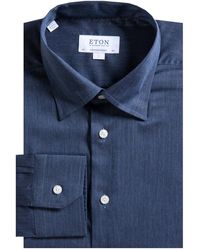 Eton of Sweden Contemporary Fit Herringbone Flannel Shirt Navy - Blue