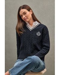 POLO CLUB - Maglione Blu Marino Intrecciato Con Scollo A V E Toppa Nautica - Lyst