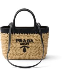 Prada - Logo-Embroidered Mini Crochet And Leather Tote Bag - Lyst