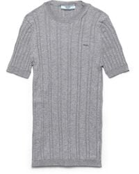 Prada - Pull En Maille Côtelée En Coton À Manches Courtes, Femme, Taille - Lyst