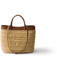 Prada - Small Crochet And Leather Tote Bag, Natural/Cognac - Lyst