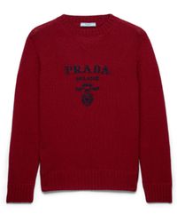Prada - Cashmere And Wool Logo Crew-Neck Sweater, Amaranth - Lyst