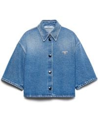 Prada - Logo Cropped Denim Shirt - Lyst