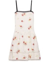Prada - Embroidered Linen Mini-Dress With Floral Motif, Ruby - Lyst