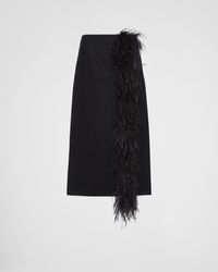 Prada - Feather-Trimmed Wool Midi Skirt - Lyst