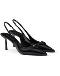 Prada - Brand-plaque Slingback Heeled Brushed-leather Pumps - Lyst
