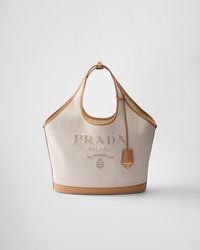 Prada - Large Linen Blend And Leather Tote Bag - Lyst