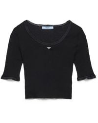 Prada - Cropped Ribbed Cotton T-Shirt - Lyst