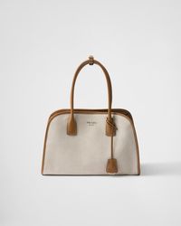 Prada - Mittelgroße Tote Bag Aus Leinenmischgewebe Und Leder - Lyst