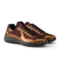 Prada - America's Cup Metallic Leather And Bike Fabric Sneakers, Brass/Burgundy - Lyst