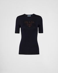 Prada - Silk Crew-Neck Sweater With Logo - Lyst