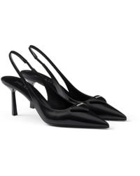 Prada - Brand-plaque Slingback Heeled Brushed-leather Pumps - Lyst