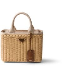 Prada - Medium Wicker And Canvas Tote Bag - Lyst
